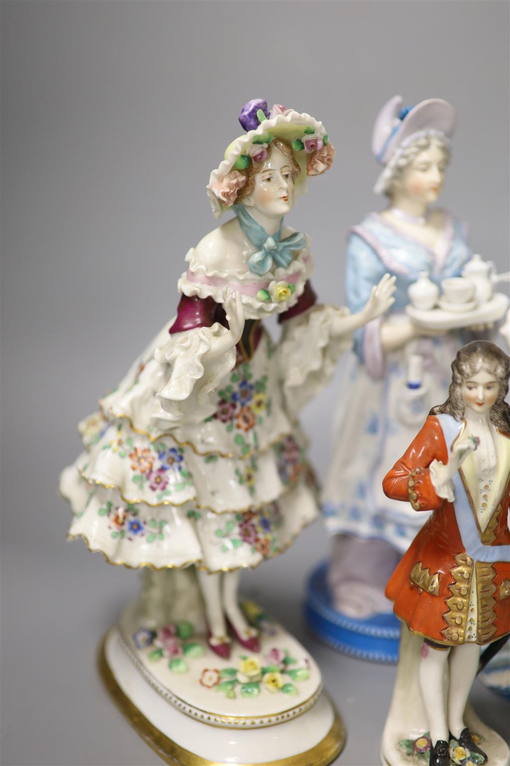 Six Continental porcelain figures, tallest 23cm